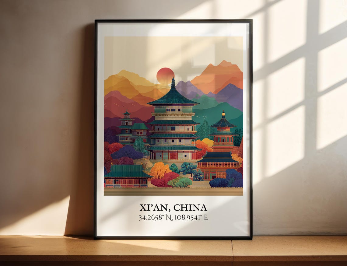 Xi'an China Ancient Pagoda Sunset Mountains Retro Travel Poster