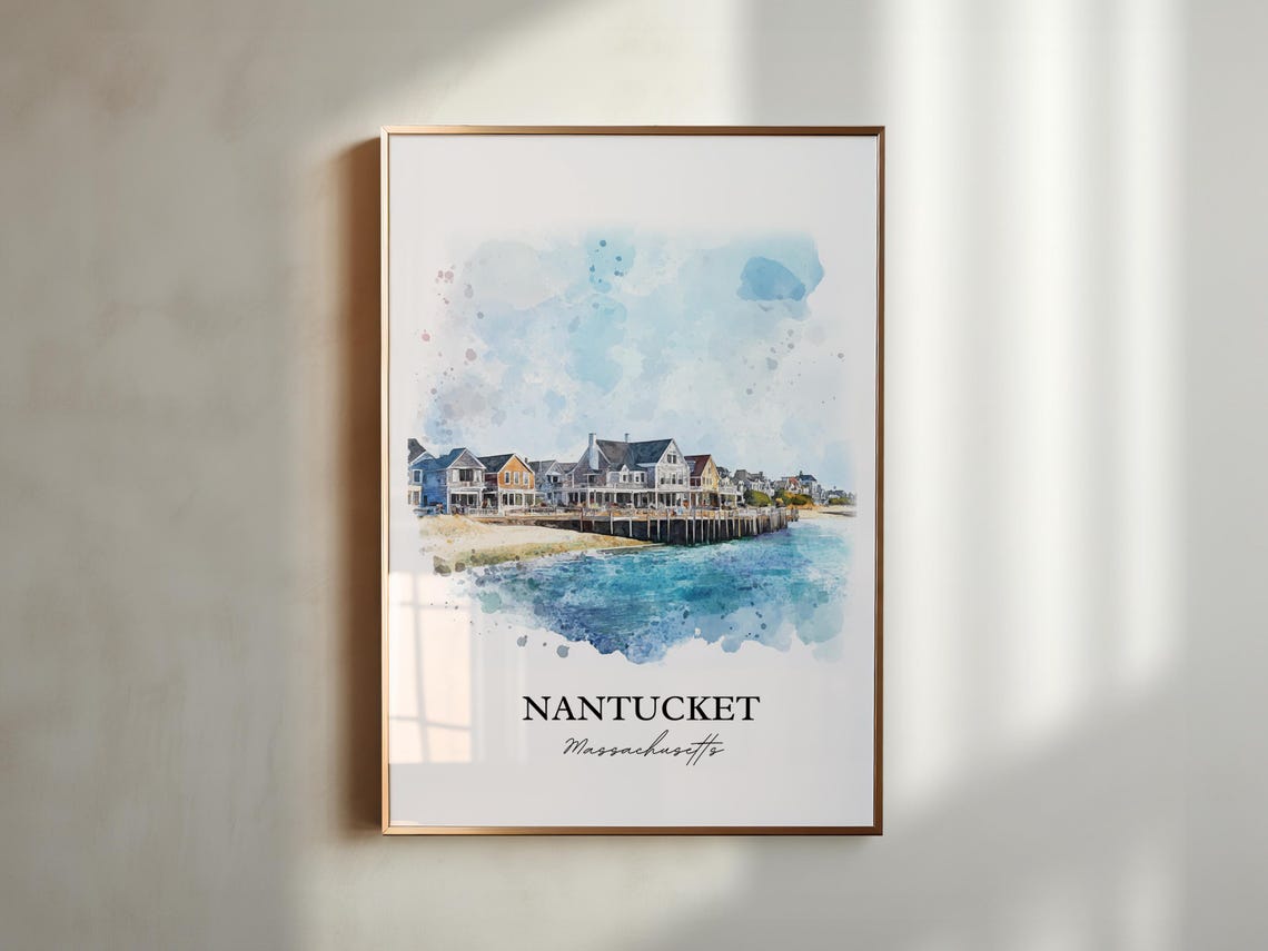 Nantucket Massachusetts Watercolor Waterfront Houses Scene Poster - Image 5