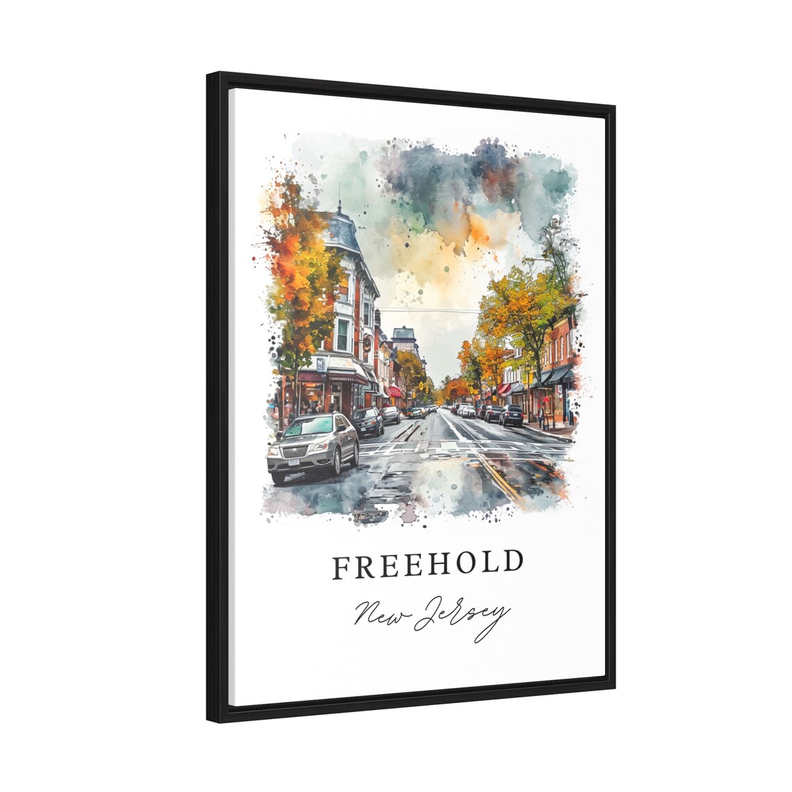 Freehold New Jersey Watercolor Rainy Downtown Street Scene Poster - Image 2