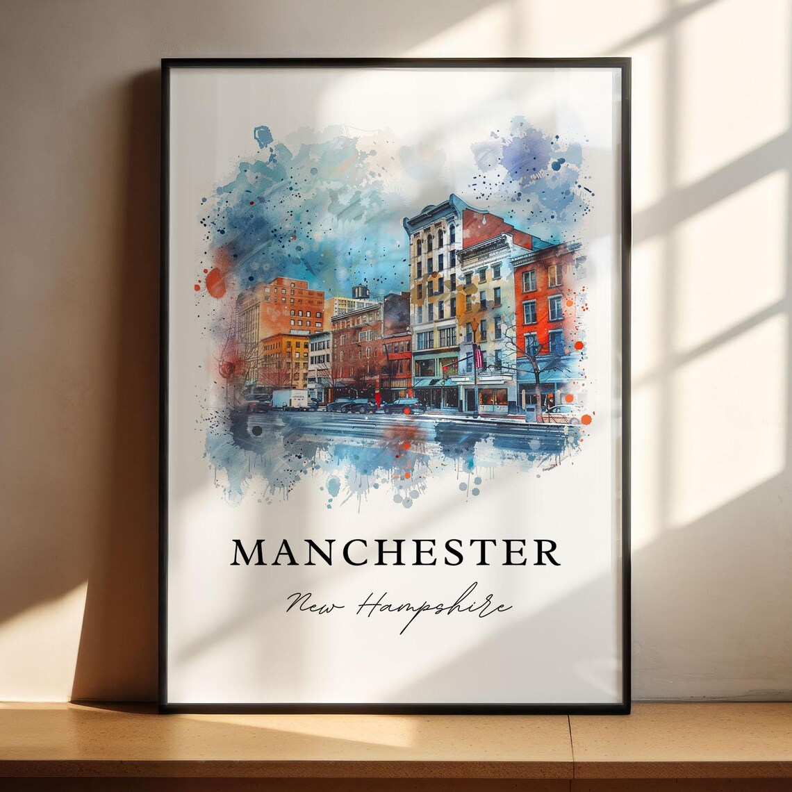 Manchester New Hampshire Downtown Brick Street Watercolor Poster