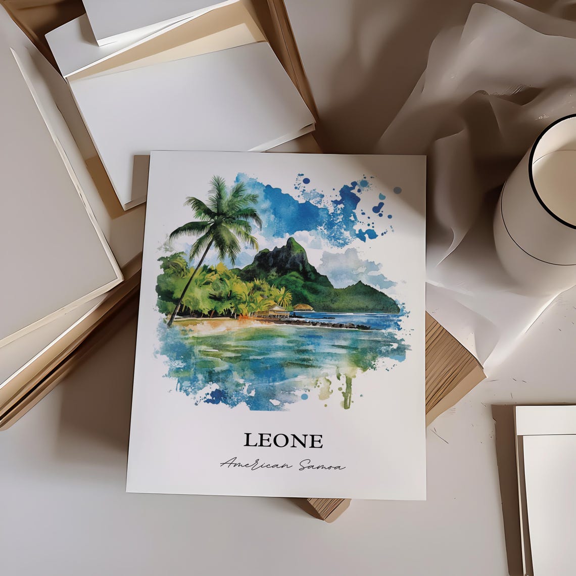 Leone American Samoa Palm Lagoon Mountain Watercolor Travel Poster - Image 5