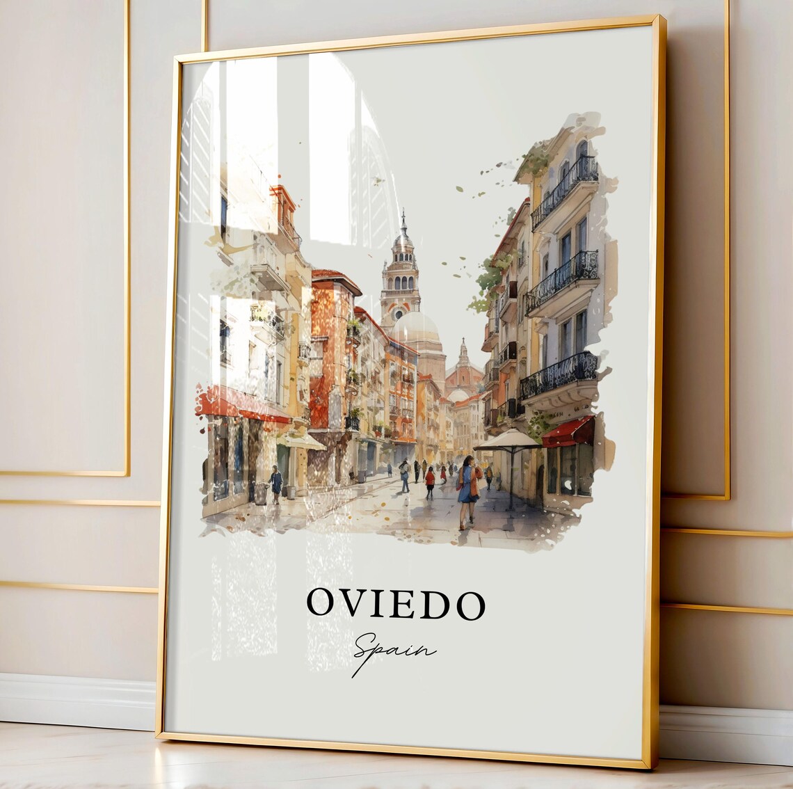 Oviedo Spain Old Town Street Cathedral Watercolor Travel Poster - Image 3