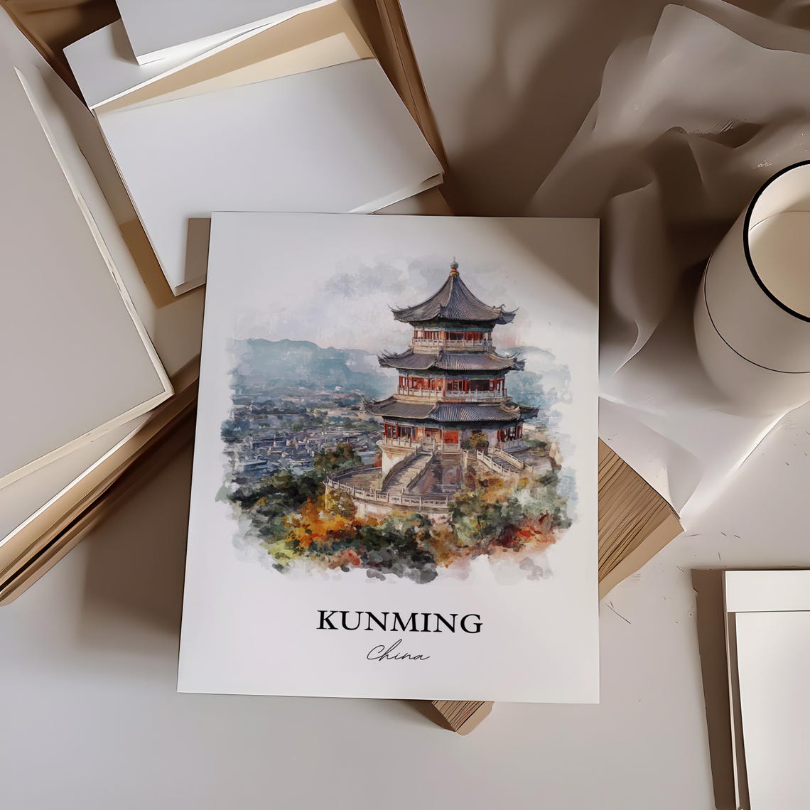 Kunming China Watercolor Pagoda Hills City Skyline View Poster - Image 4