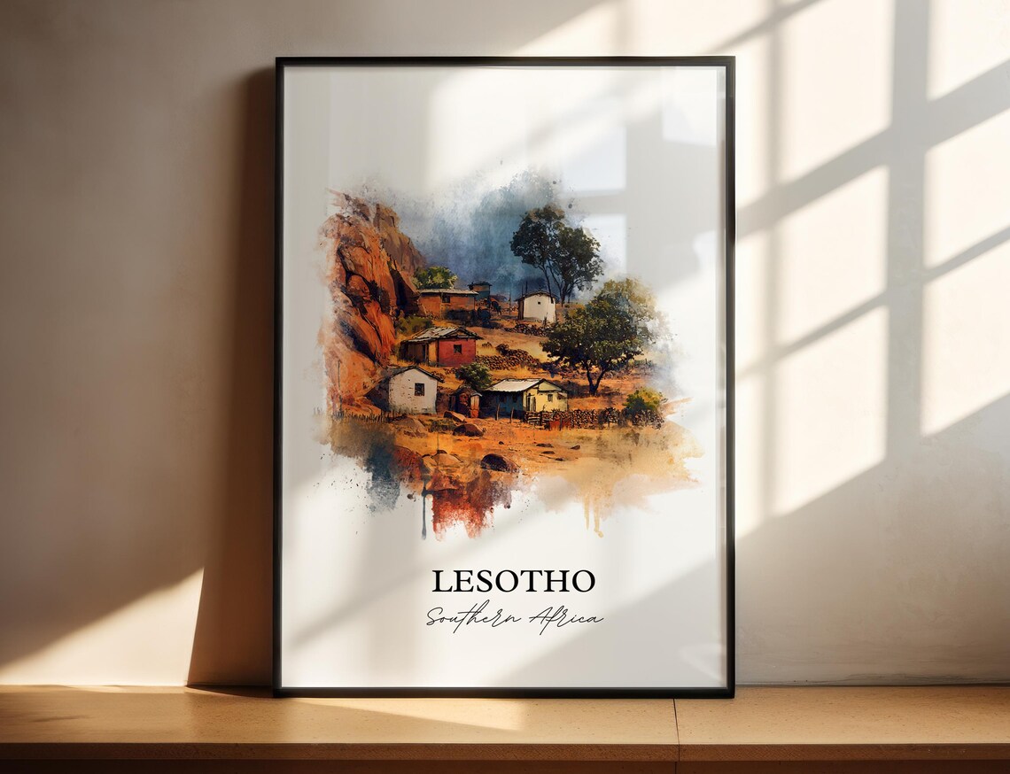 Lesotho Southern Africa Mountain Village Scene Watercolor Poster