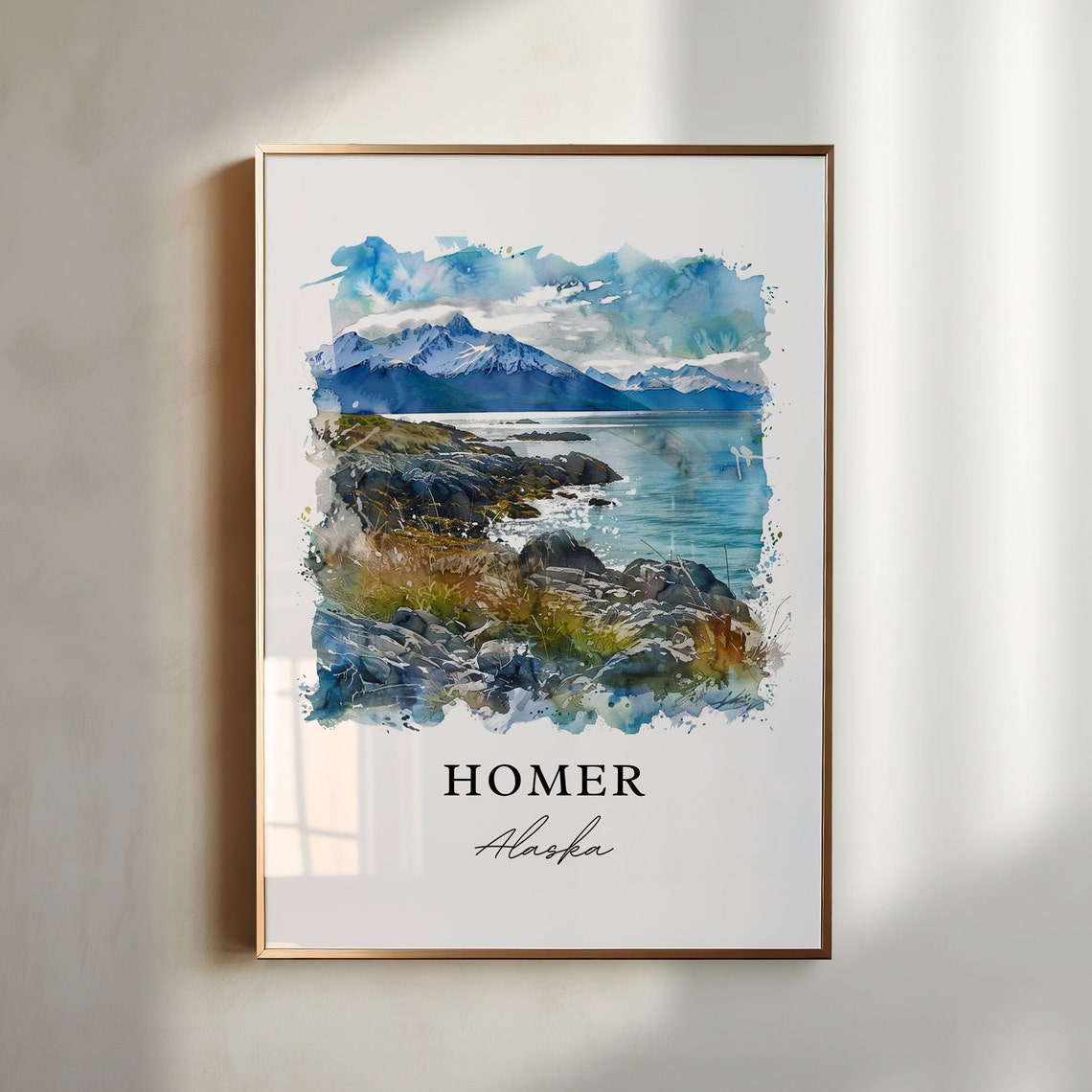 Homer Alaska Scenic Rugged Coast Mountain Watercolor Travel Poster