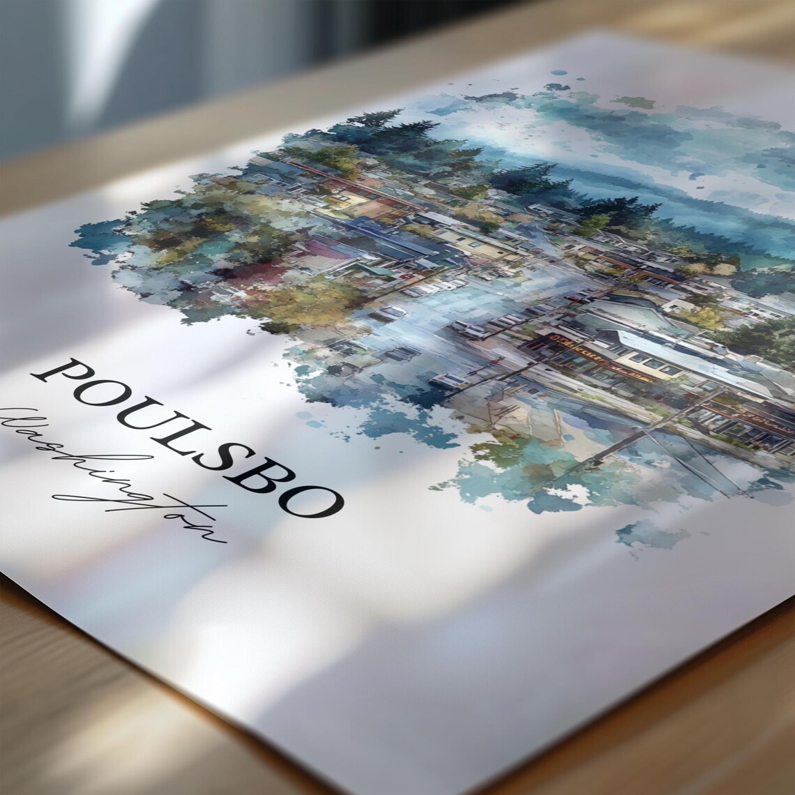 Poulsbo Washington Evergreen Town Aerial Watercolor Travel Poster - Image 6