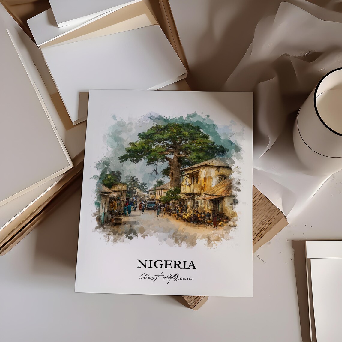 Nigeria West Africa Watercolor Village Market Big Tree Poster - Image 3