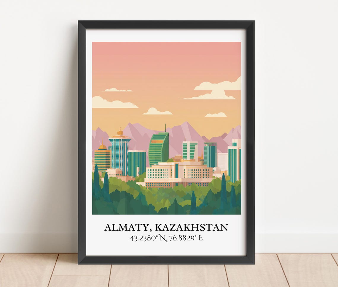 Almaty Kazakhstan Mountain Skyline Sunset Retro Travel Poster - Image 3