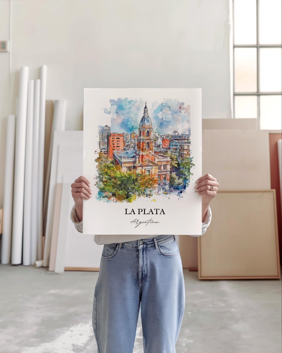 La Plata Argentina Watercolor Red Brick Cathedral Skyline Poster - Image 3
