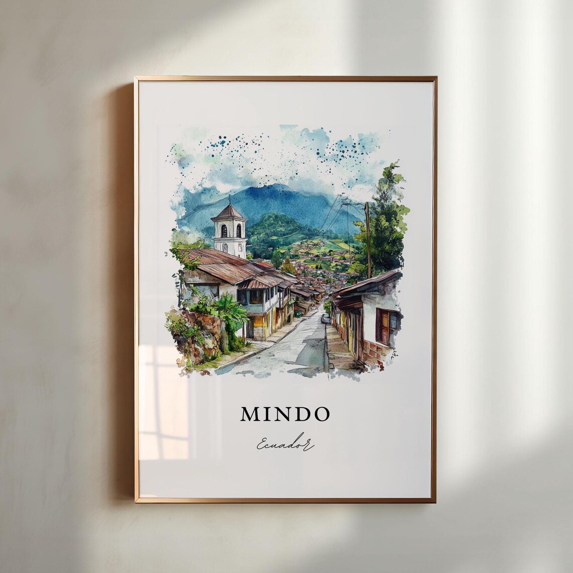 Mindo Ecuador Watercolor Mountain Village Street Scene Poster