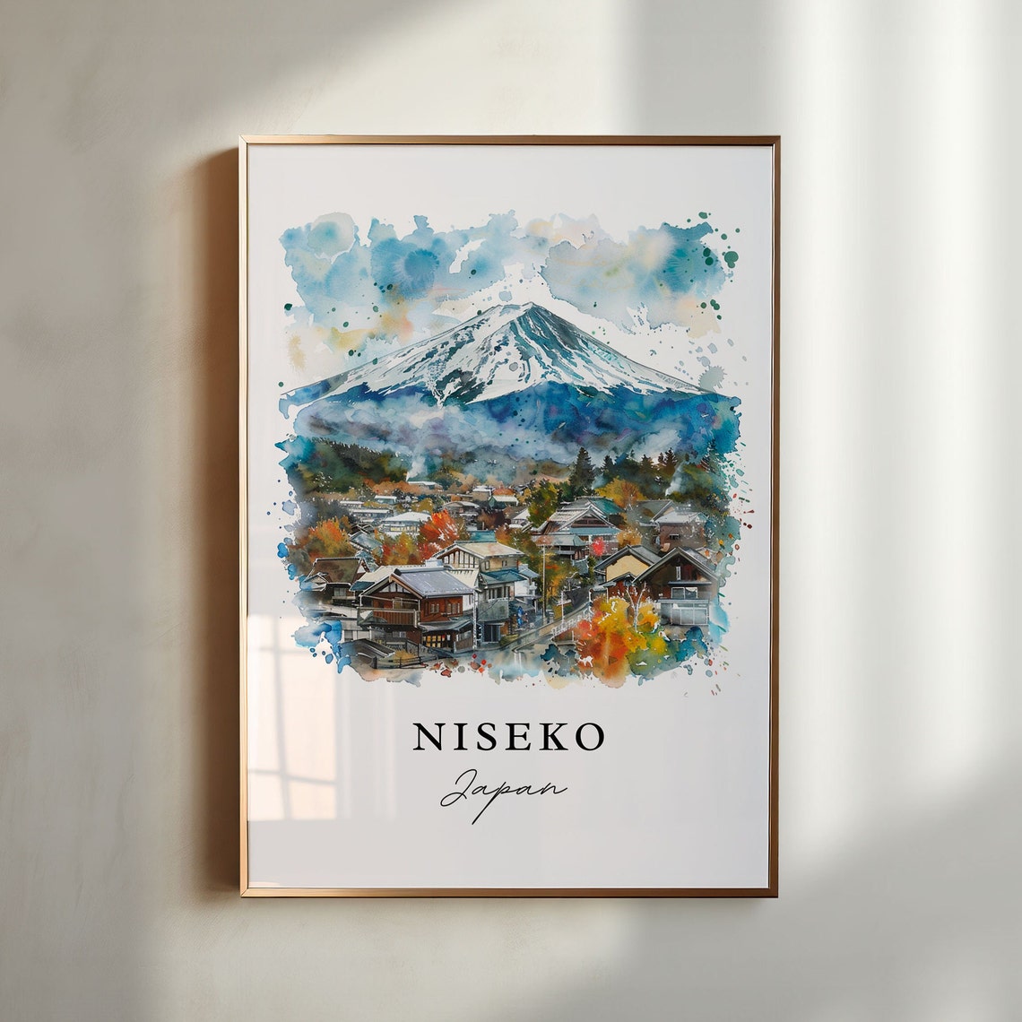 Niseko Japan Watercolor Snow Mountain Village Winter Art Poster