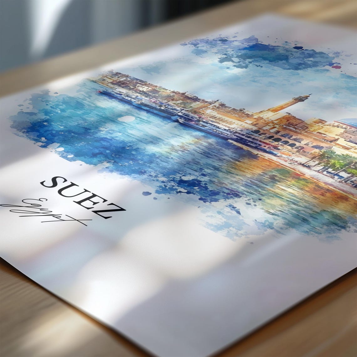 Suez Egypt Harbor Watercolor Mosque Skyline Travel Art Poster - Image 7