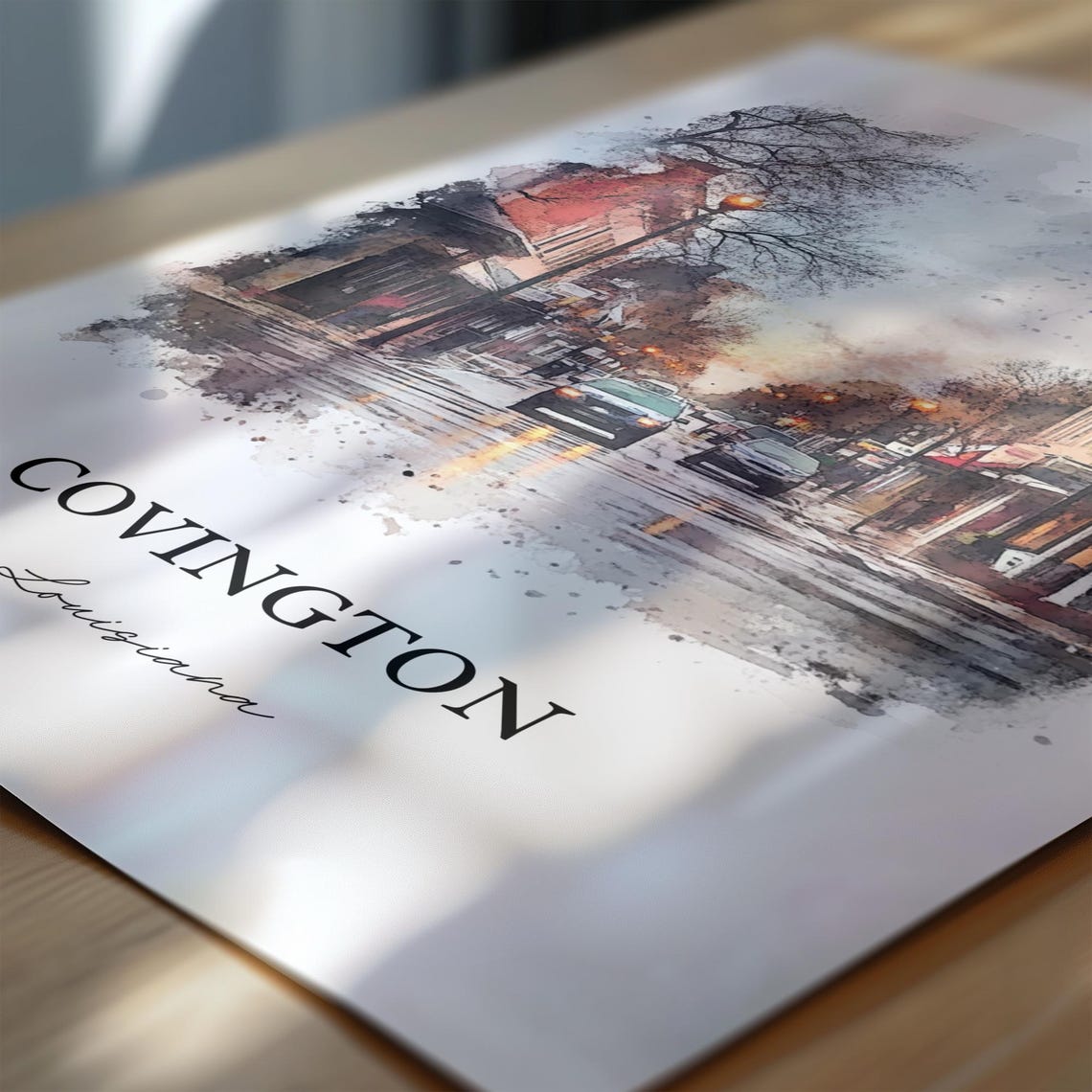 Covington Louisiana Watercolor Rainy Downtown Street Art Poster - Image 6