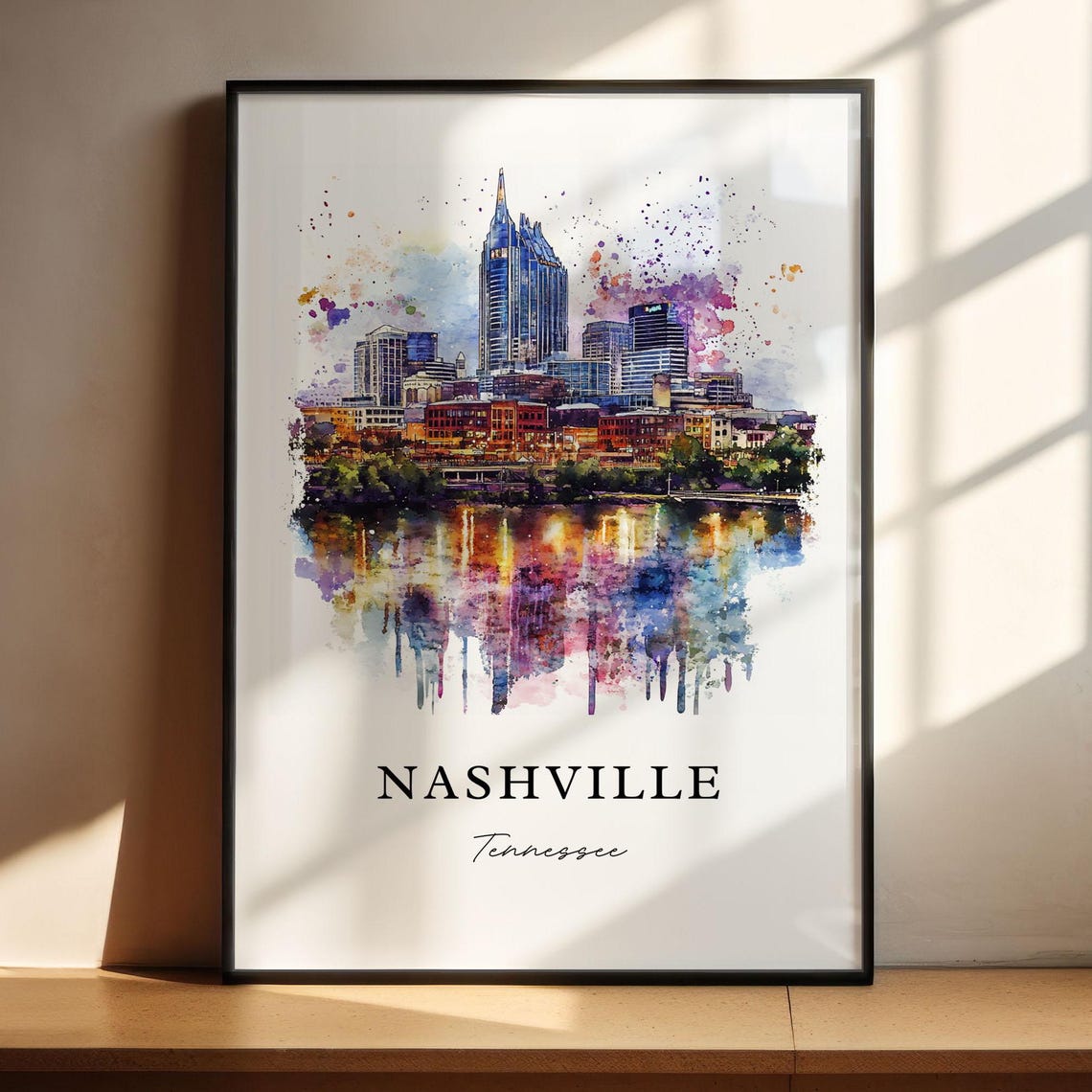 Nashville Tennessee Skyline Night Reflection Watercolor Art Poster