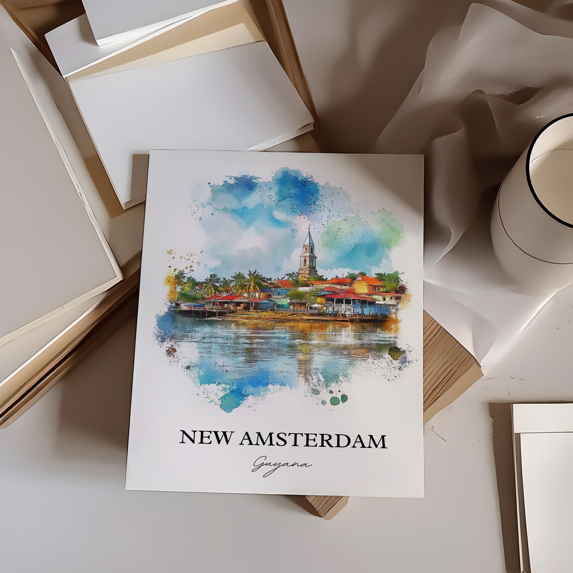 New Amsterdam Guyana Watercolor Waterfront Town Church Poster - Image 3