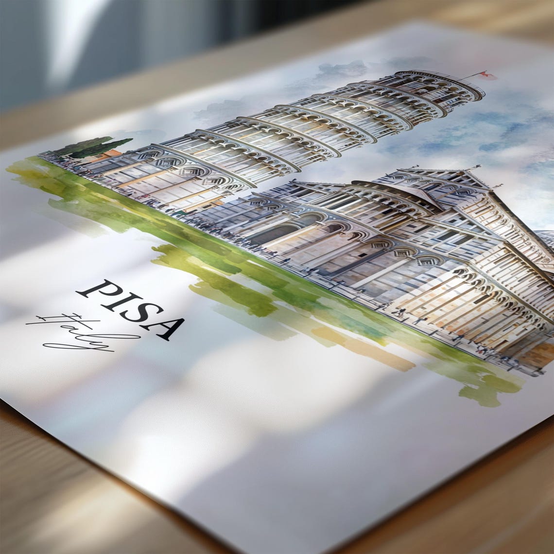 Pisa Italy Leaning Tower Cathedral Watercolor Landmark Travel Poster - Image 6