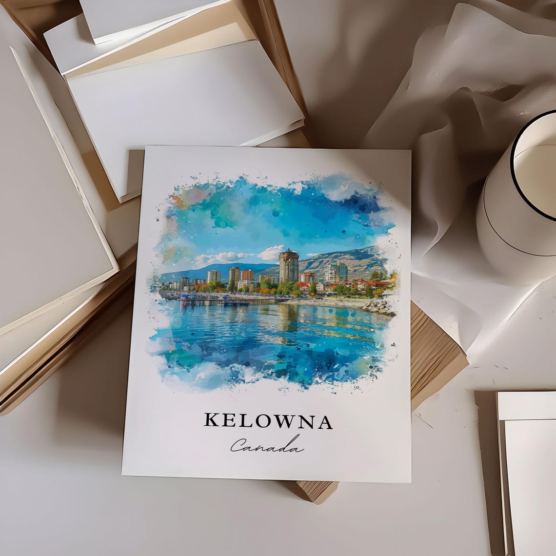 Kelowna Canada Watercolor Lakefront Skyline Mountains View Poster - Image 6