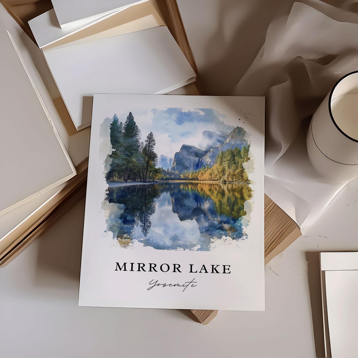 Mirror Lake Yosemite Granite Peaks Reflection Watercolor Poster - Image 6
