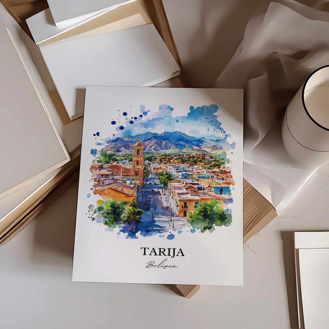 Tarija Bolivia Watercolor City View Church Tower Mountain Poster - Image 5