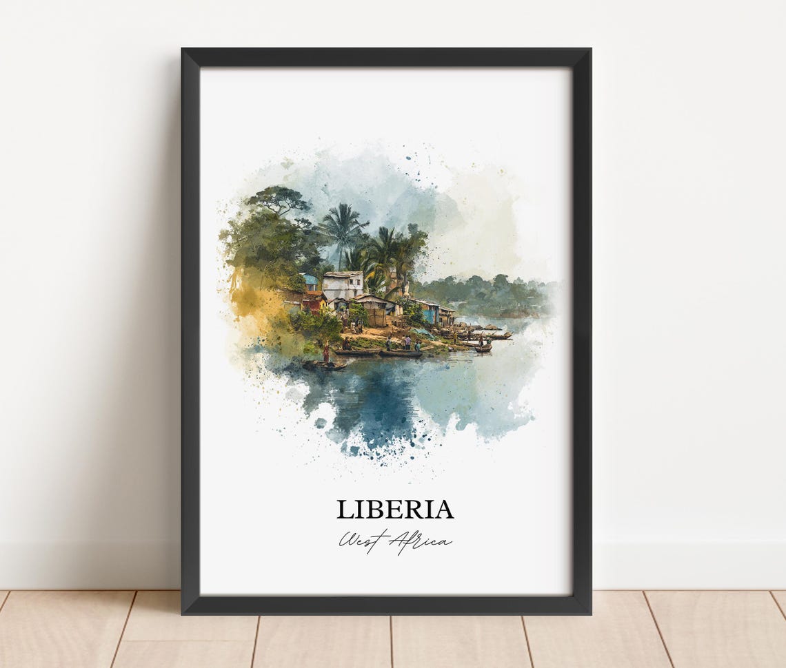 Liberia West Africa Riverside Canoe Village Watercolor Art Poster - Image 3