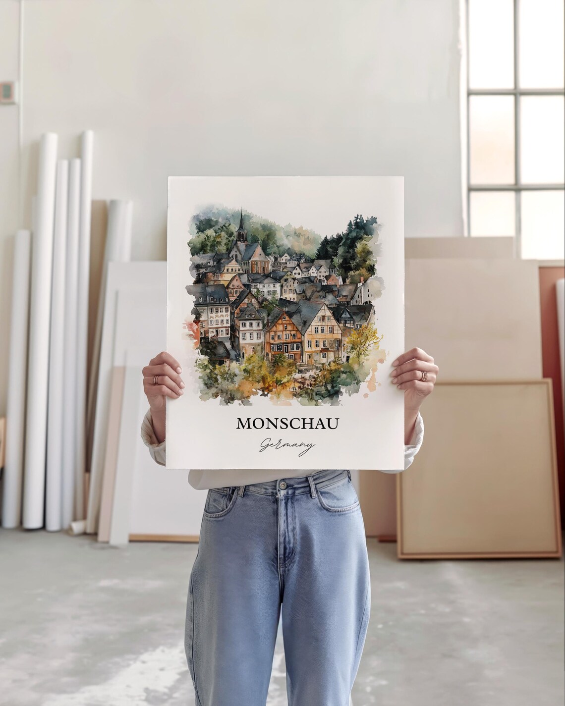 Monschau Germany Watercolor Half Timbered Village Church Hill Poster - Image 5