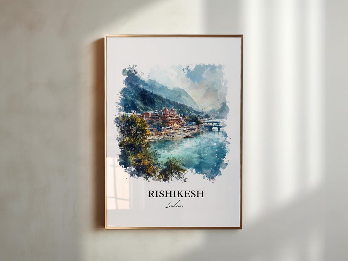 Rishikesh India Watercolor Riverside Temples Ganges River Poster - Image 6