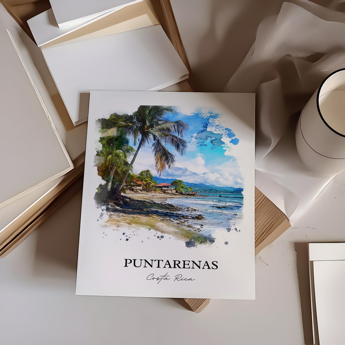 Puntarenas Costa Rica Quiet Sandy Beach Escape Watercolor Poster - Image 2