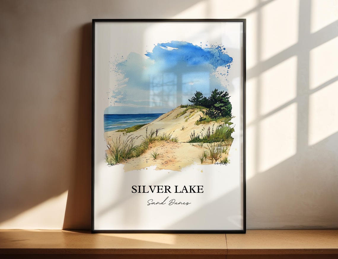 Silver Lake Sand Dunes Watercolor Beach Dune Scene Art Poster