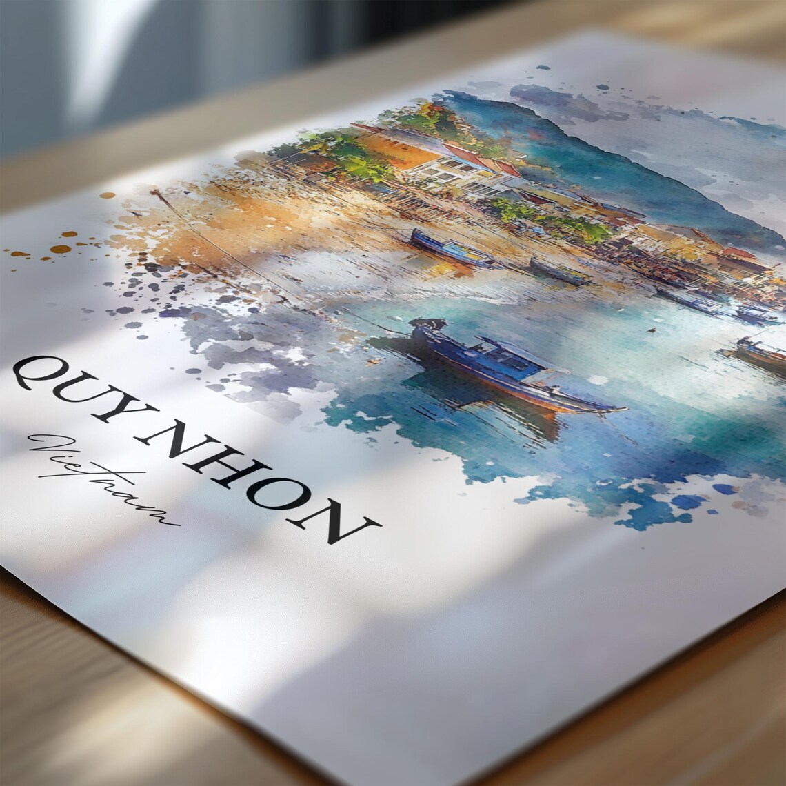 Quy Nhon Vietnam Watercolor Art Fishing Boats Sandy Beach Poster - Image 6