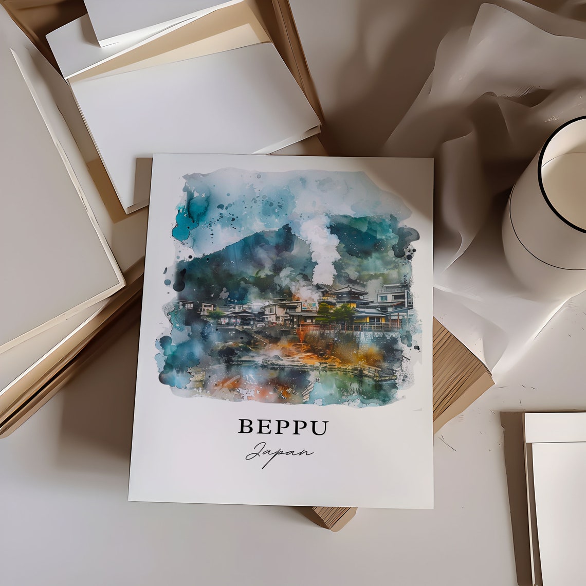 Beppu Japan Watercolor Hot Spring Mountain Town Scene Poster - Image 6