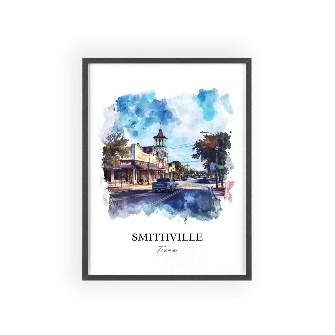 Smithville Texas Bell Tower Street Watercolor Travel Gift Poster - Image 2