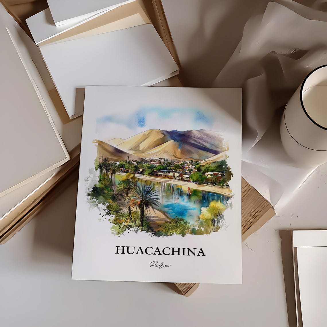 Huacachina Peru Desert Oasis Palm Lagoon Dunes Watercolor Poster - Image 2