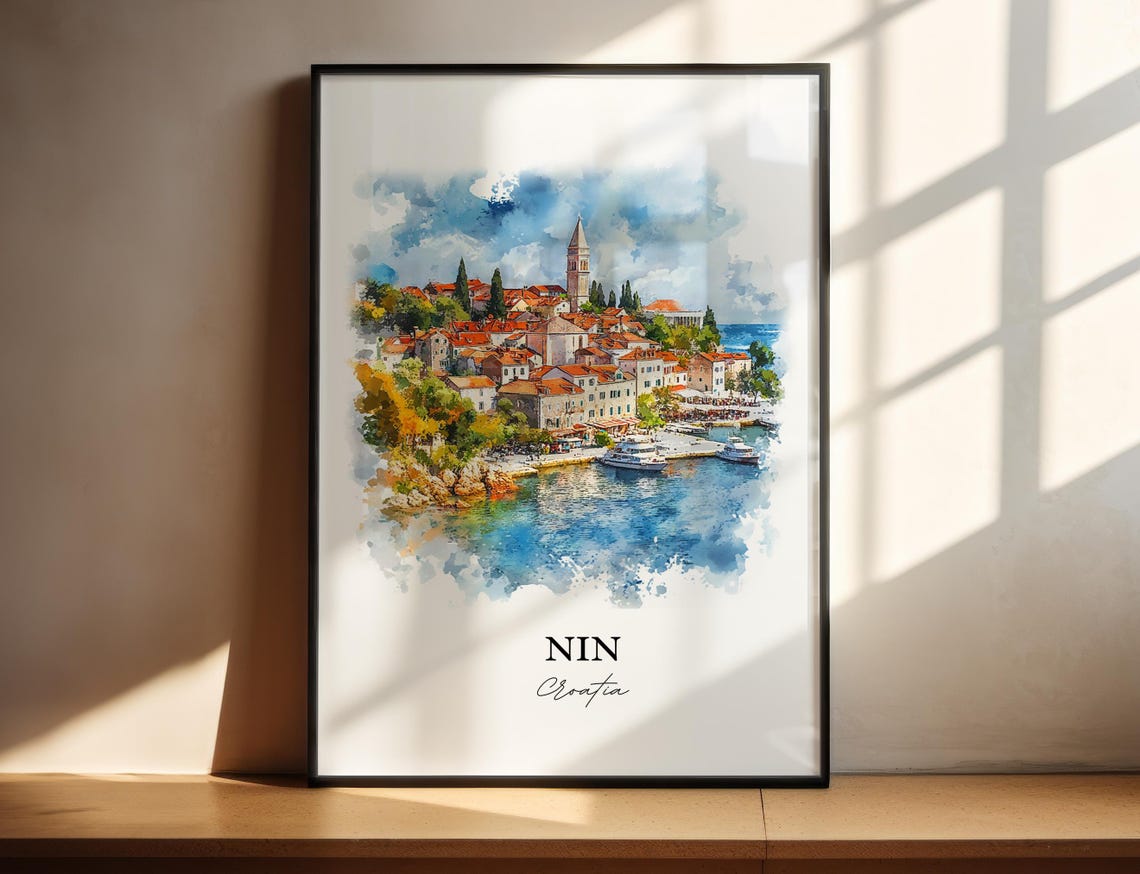 Nin Croatia Coastal Old Town Bell Tower Sea View Watercolor Poster