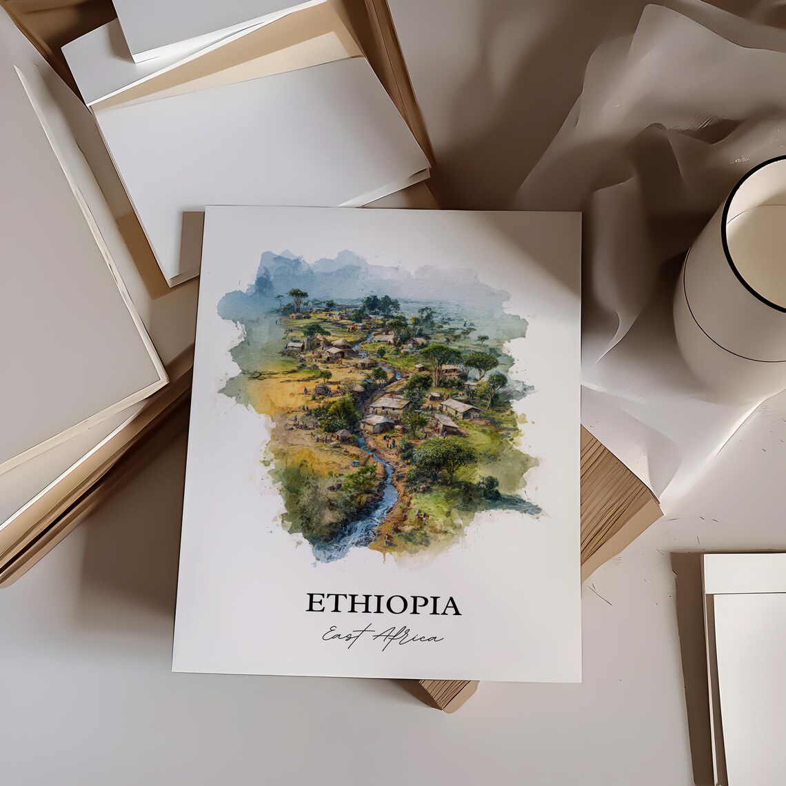 Ethiopia East Africa Highland River Village Watercolor Travel Poster - Image 3