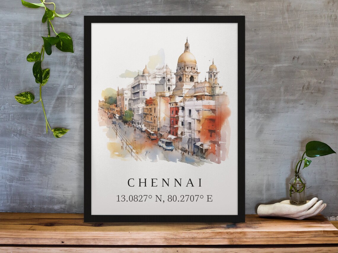 Chennai India Watercolor Domed City Street Coordinates Map Poster - Image 2