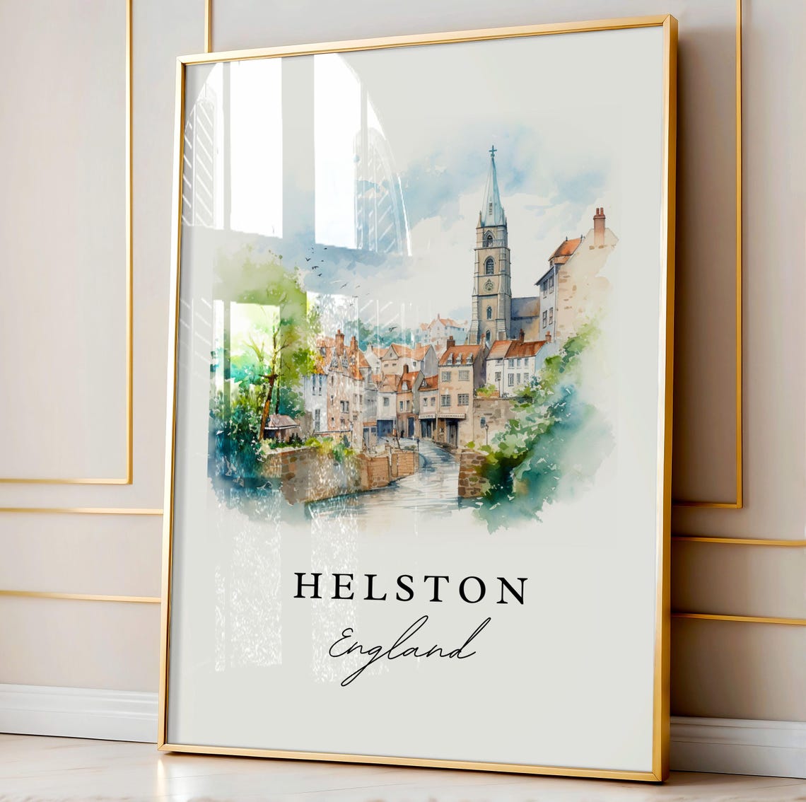 Helston England Riverside Church Spire Watercolor Town Scene Poster - Image 3