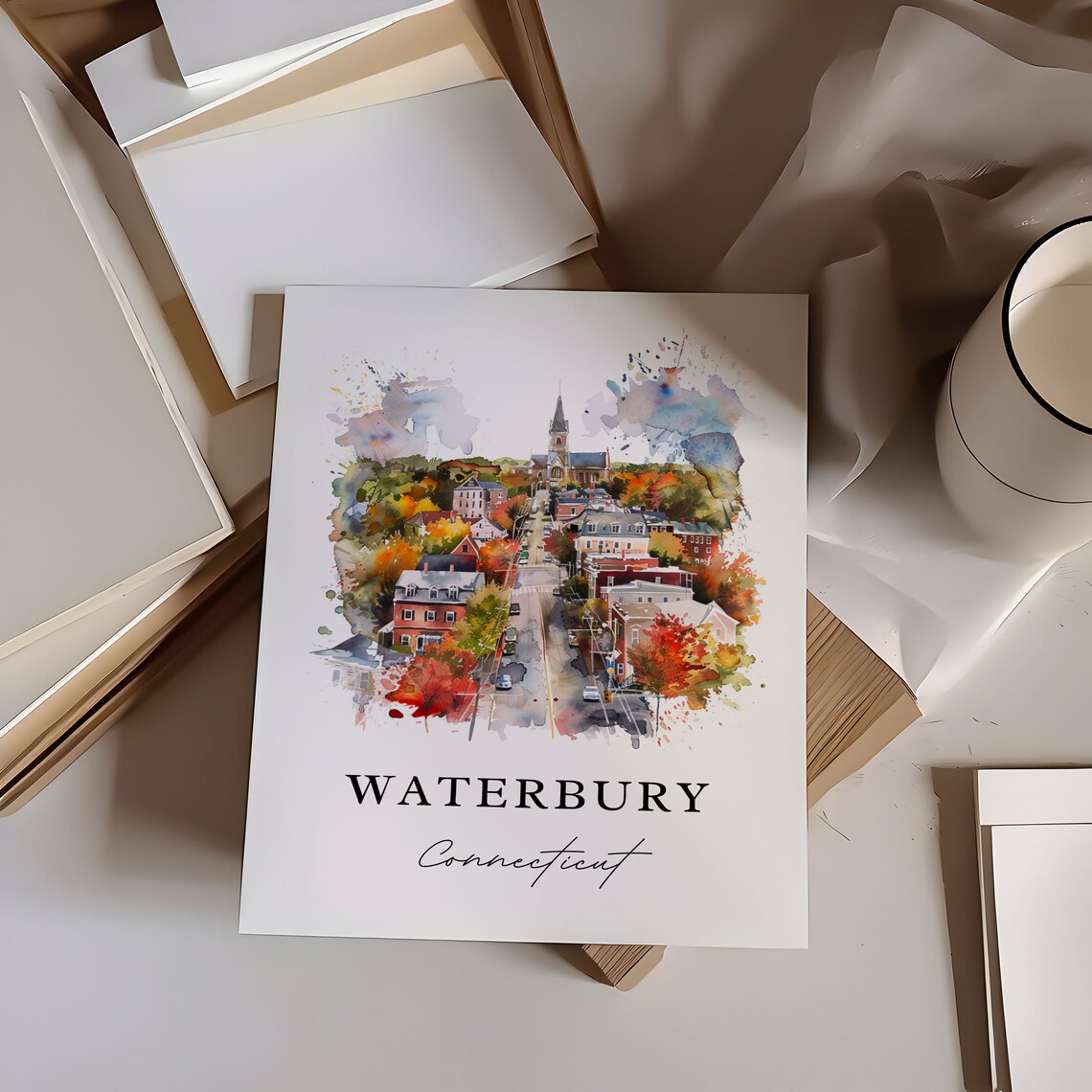 Waterbury Connecticut Watercolor Town Church Autumn Trees Poster - Image 6