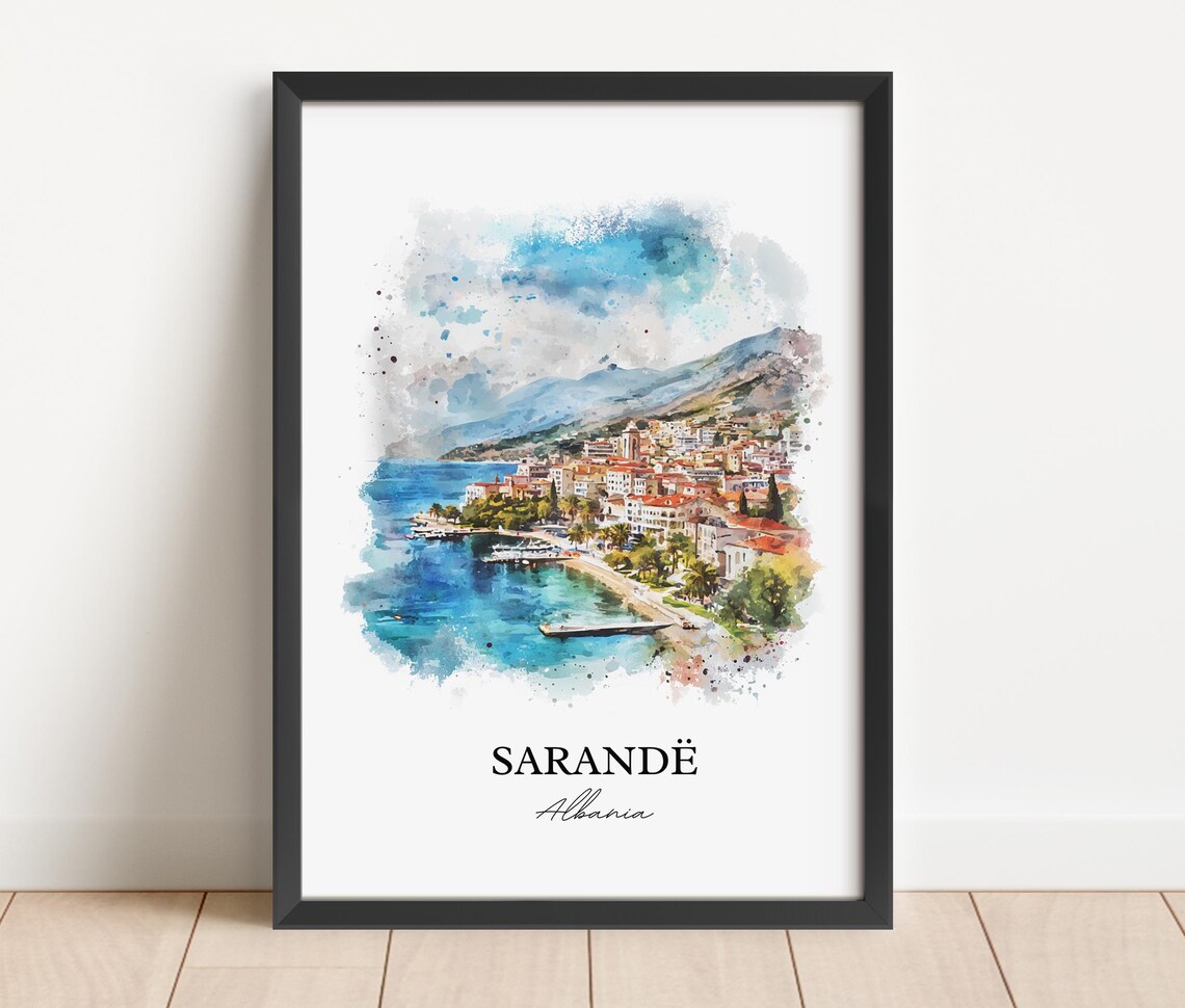 Sarande Albania Coastal Bay Watercolor Skyline Travel Art Wall Poster - Image 5
