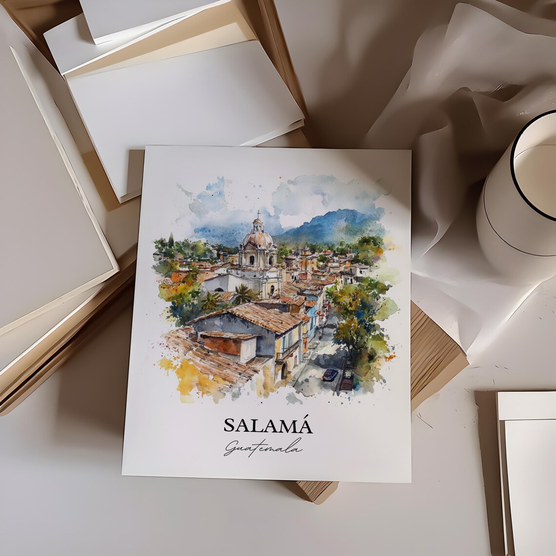 Salama Guatemala Domed Church Old Town Watercolor Scenic Poster - Image 2