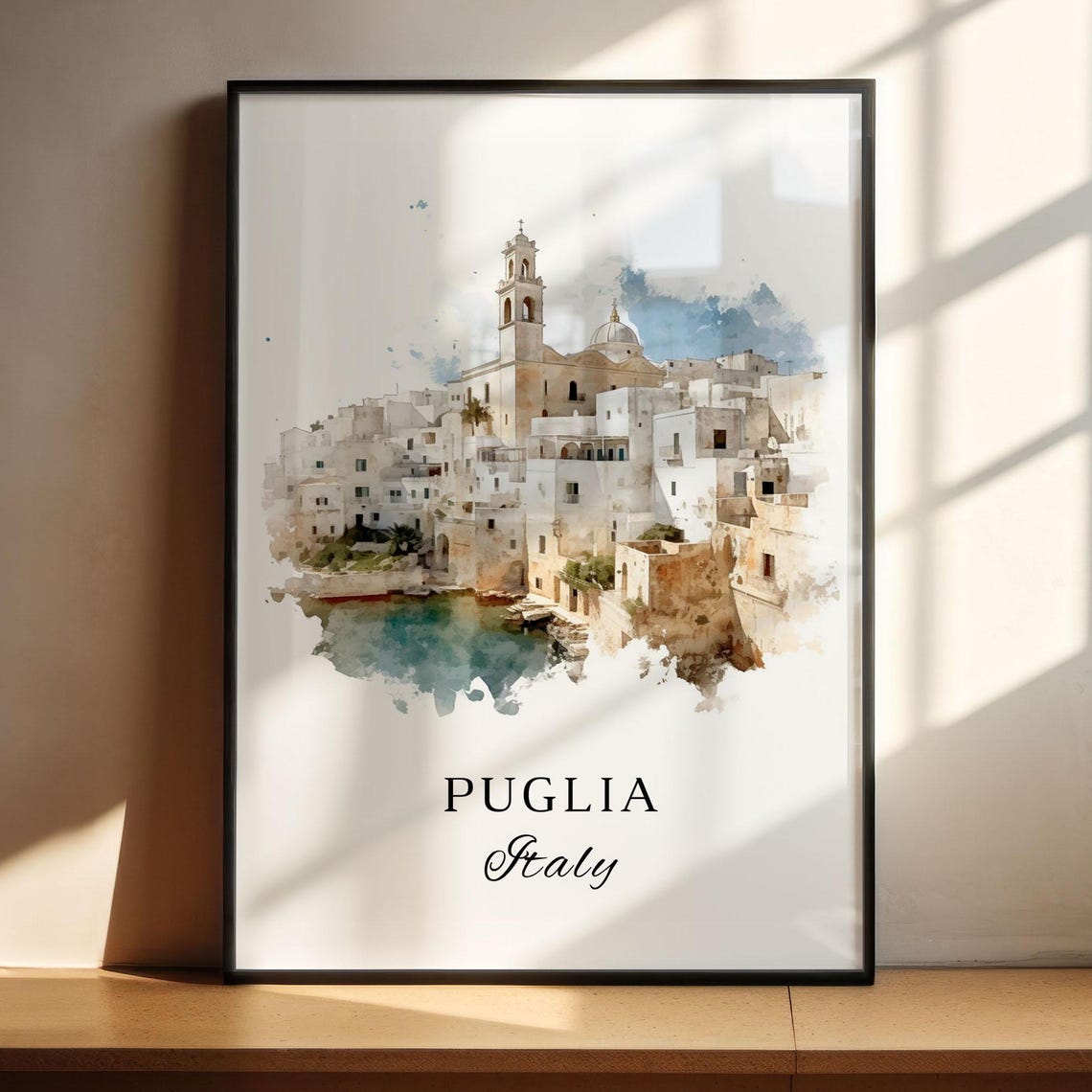 Puglia Italy Whitewashed Hilltop Old Town Coast Watercolor Poster