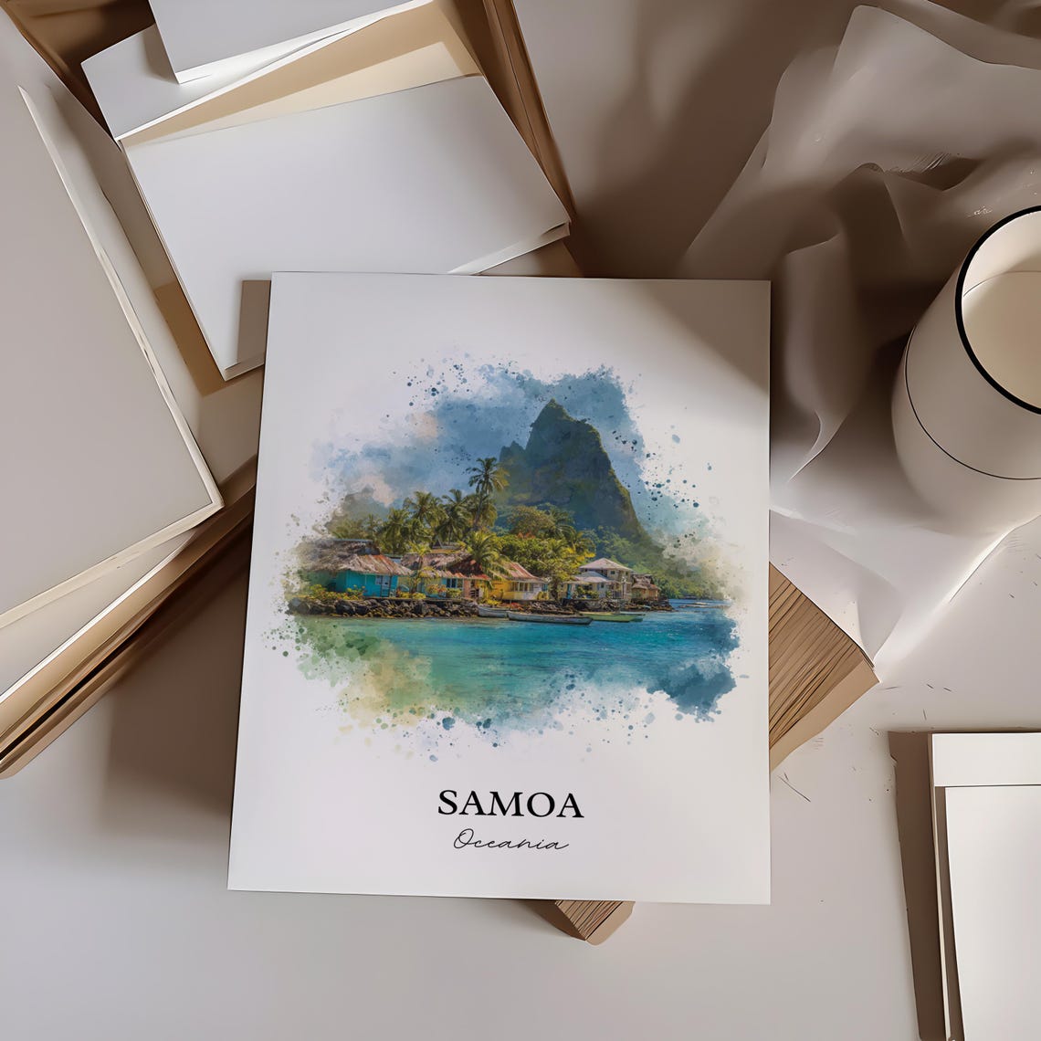 Samoa Oceania Village Palm Trees Mountain Watercolor Art Poster - Image 4