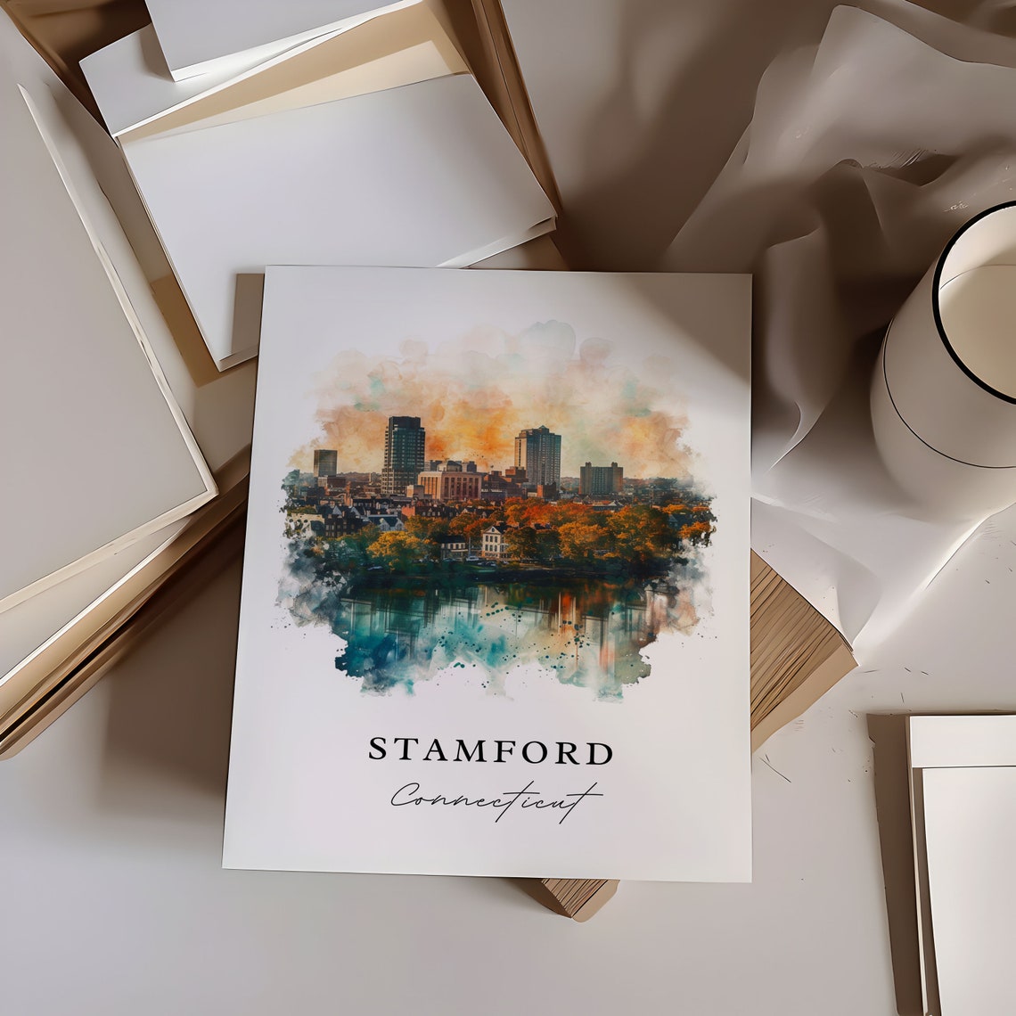Stamford Connecticut Skyline Reflection Watercolor City Art Poster - Image 6