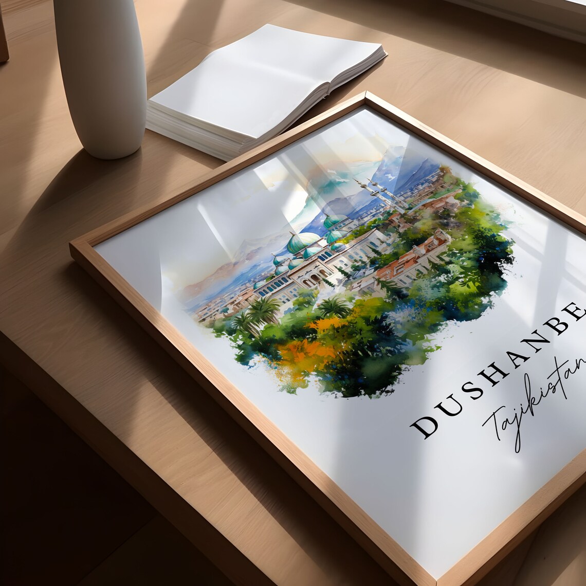 Dushanbe Tajikistan Watercolor Green Domed Mosque Mountain City Travel Poster - Image 6