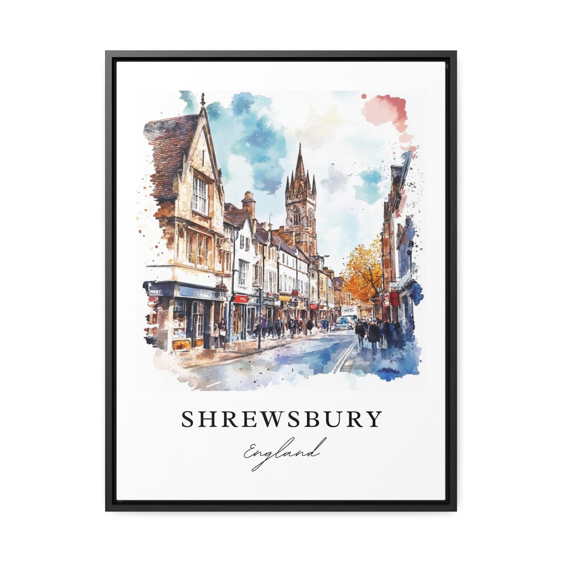 Shrewsbury England Historic High Street Watercolor Travel Poster - Image 3