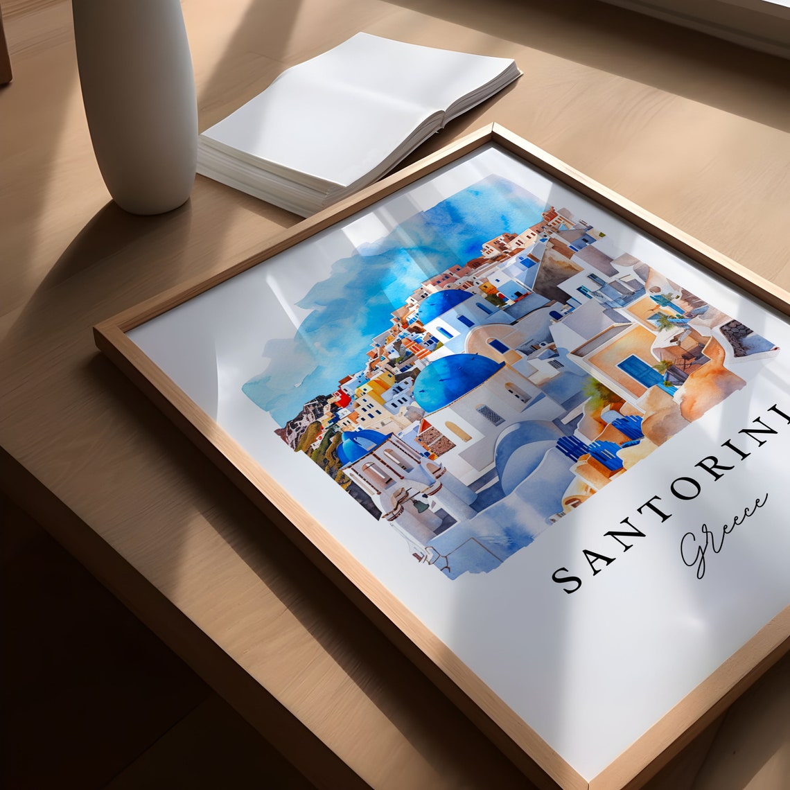 Santorini Greece Blue Domed Churches Watercolor Island Poster - Image 5