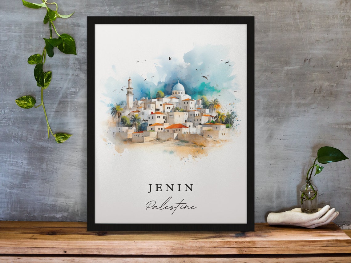 Jenin Palestine White Hillside Old Town Watercolor Travel Poster