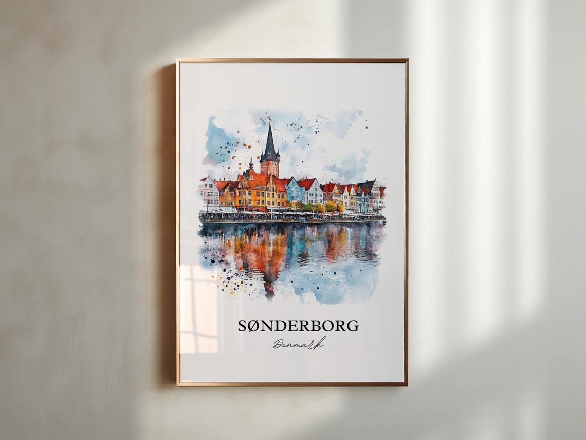 Sonderborg Denmark Harbor Church Spire Reflection Watercolor Poster - Image 3