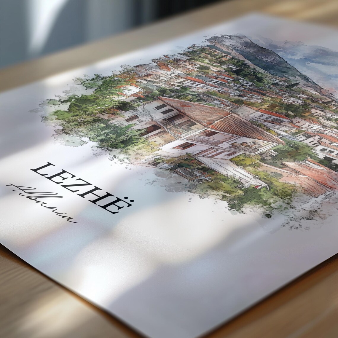 Lezhe Albania Hillside Town Watercolor Skyline Travel Art Wall Print - Image 6