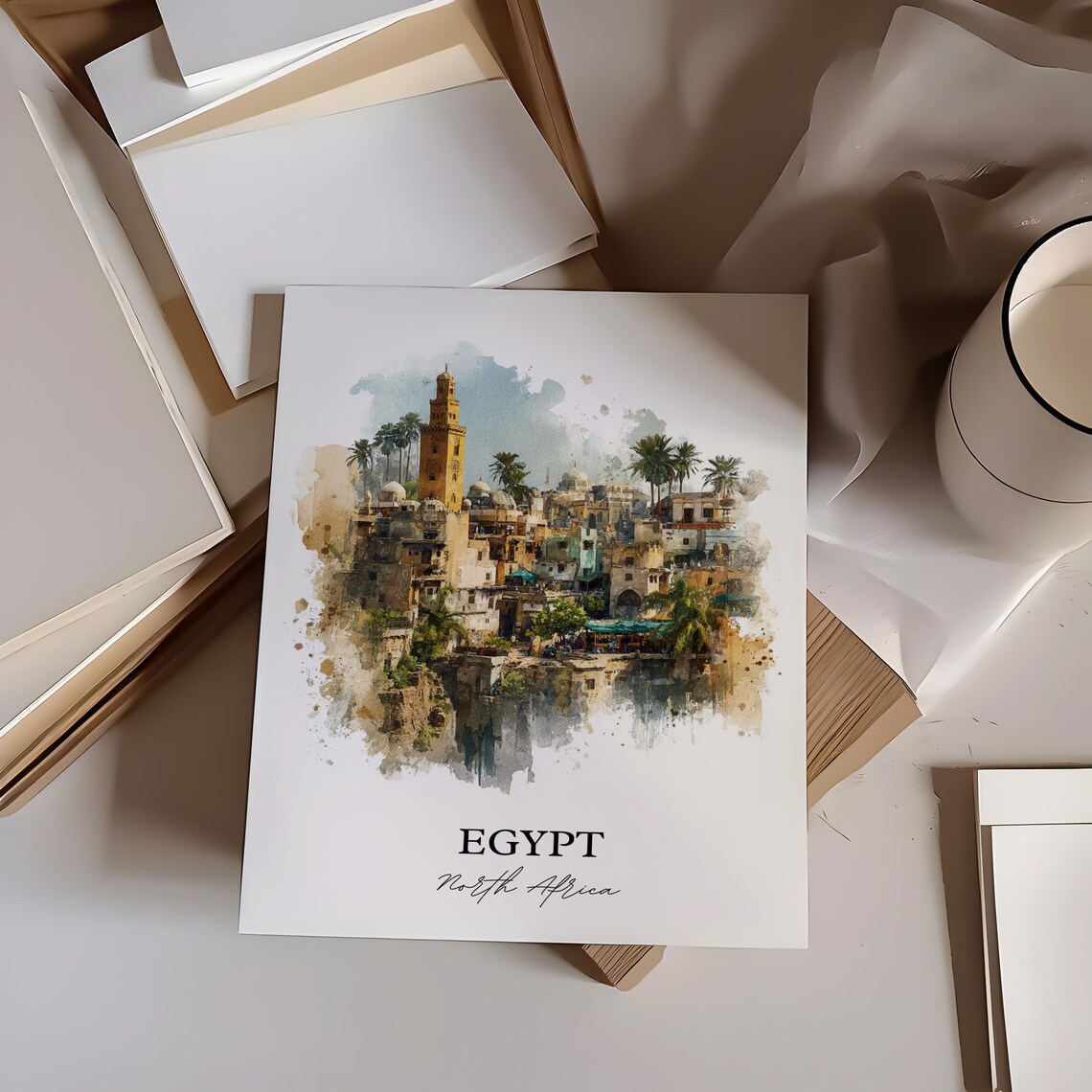 Egypt North Africa Golden Old Town Minaret Watercolor Travel Poster - Image 2