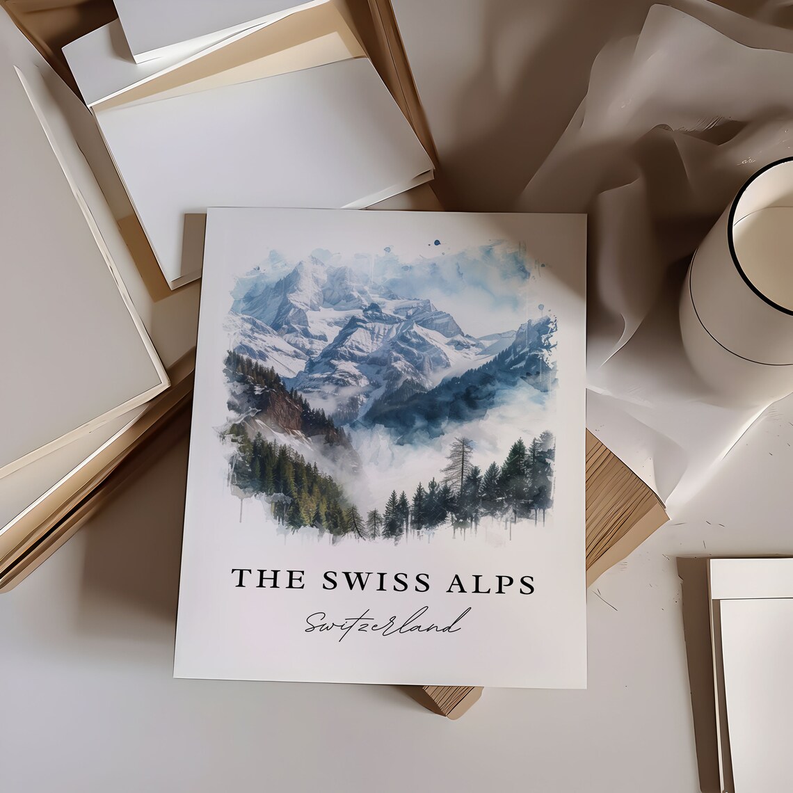 The Swiss Alps Switzerland Watercolor Snow Peaks Pines Poster - Image 6